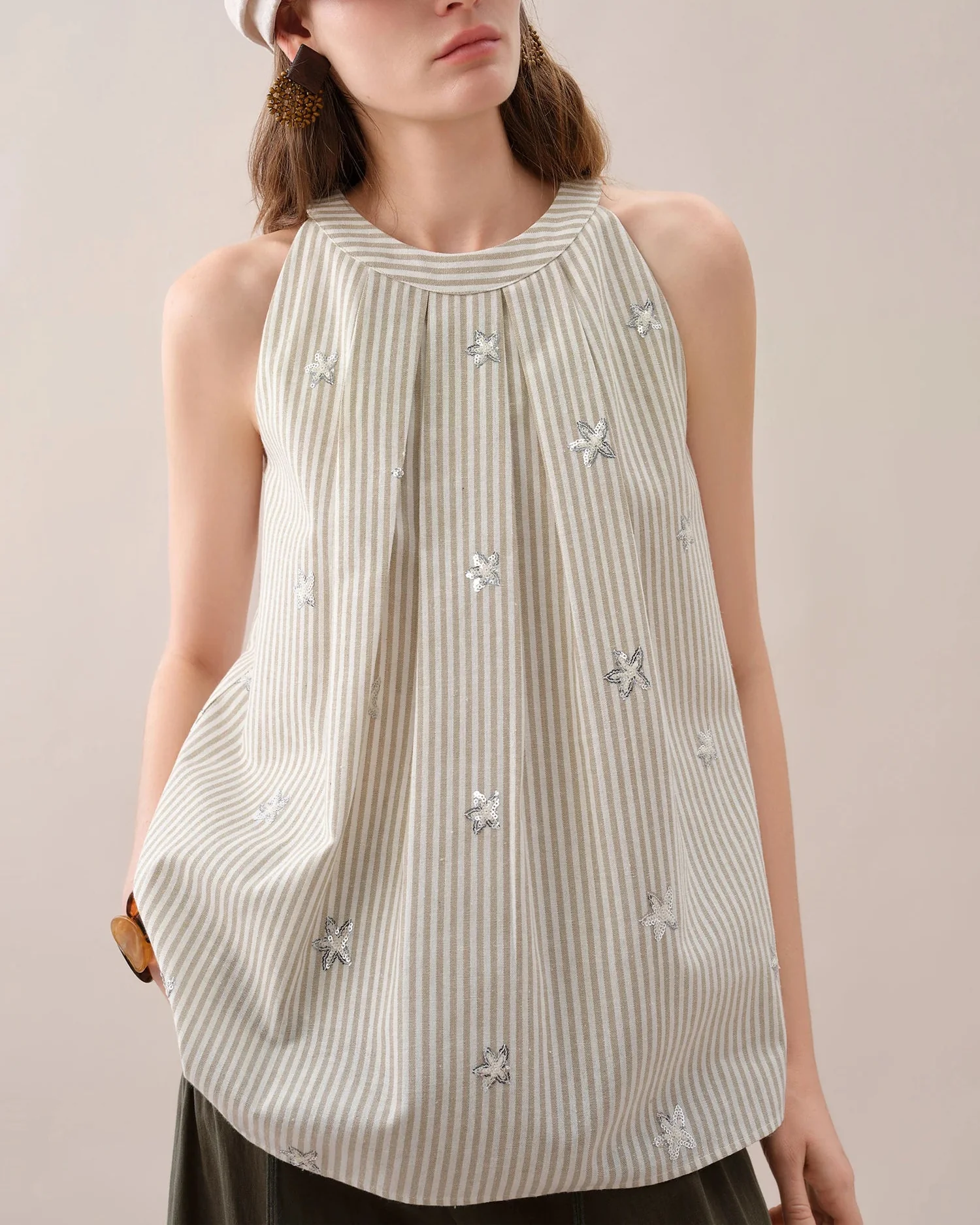 Image of Striped Embroidered Sleeveless Blouse