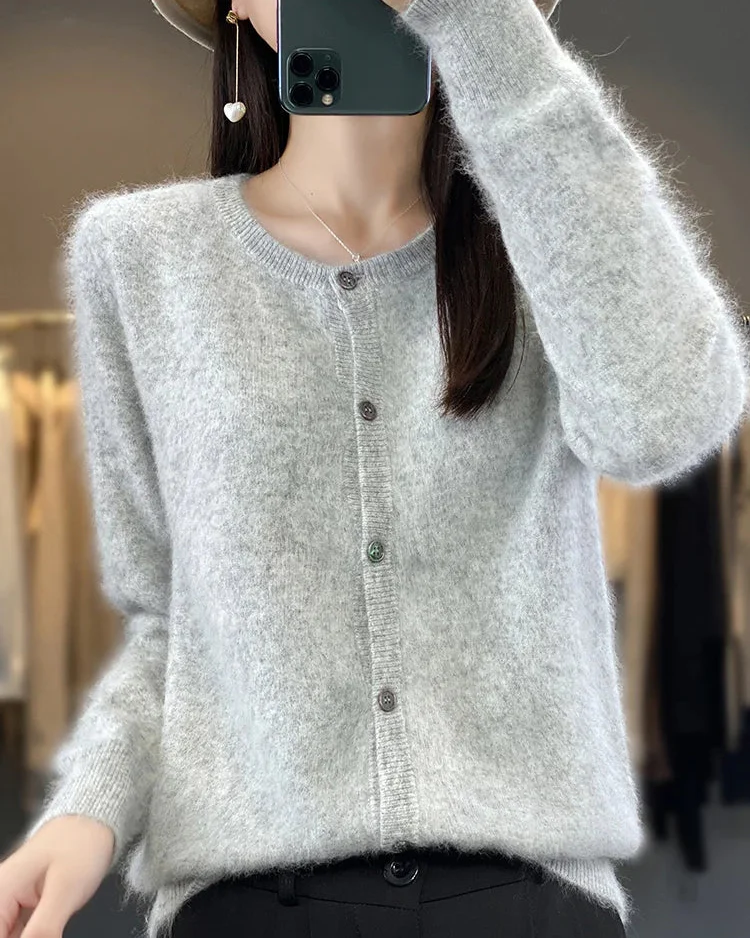 Image of Mink Cashmere Crew Neck Loose Cardigan Sweater