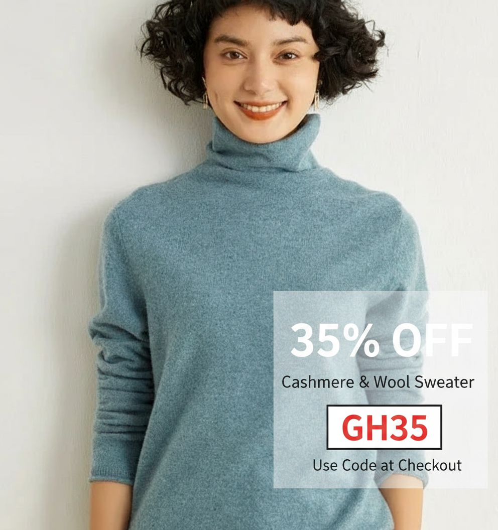 Woman in a blue turtleneck sweater with a 35% off discount code for cashmere and wool sweaters.