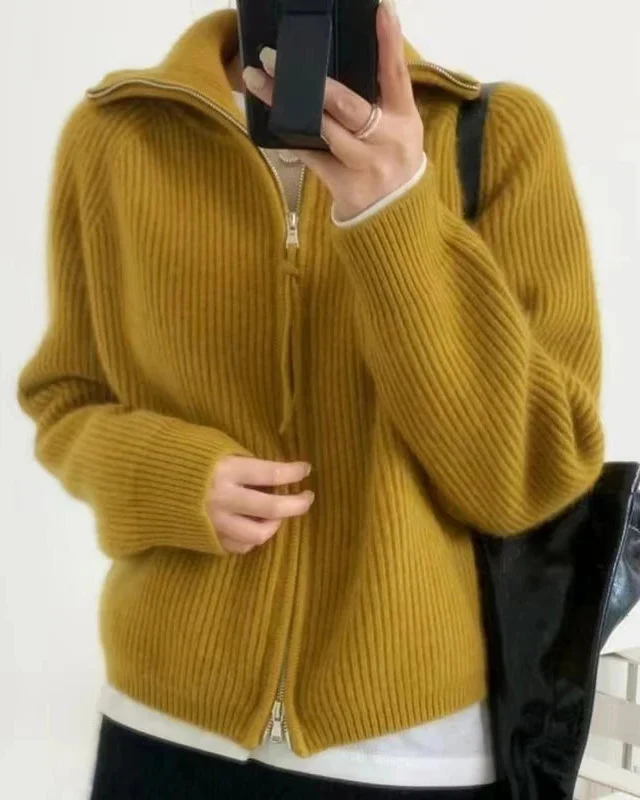 Image of Collared Wool Zip-Up Cardigan Sweater
