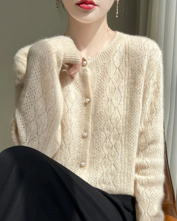 Image of Merino Wool Hollow-Out Pearl Button Cardigan