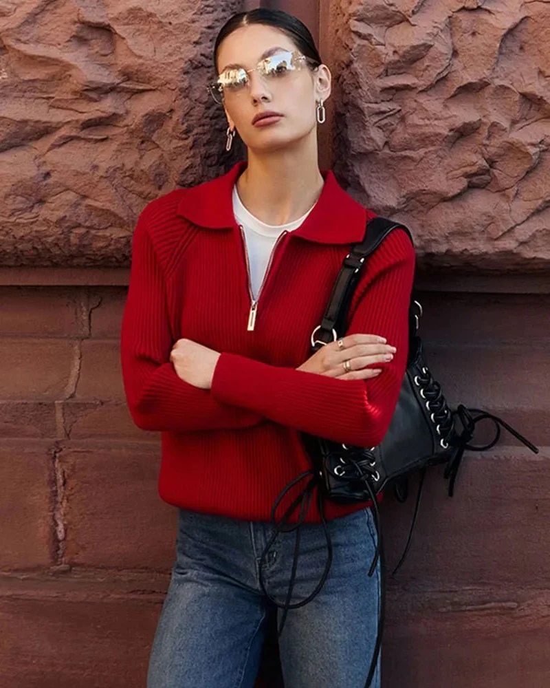 Image of Casual Lapel Zipper Pullover Sweater