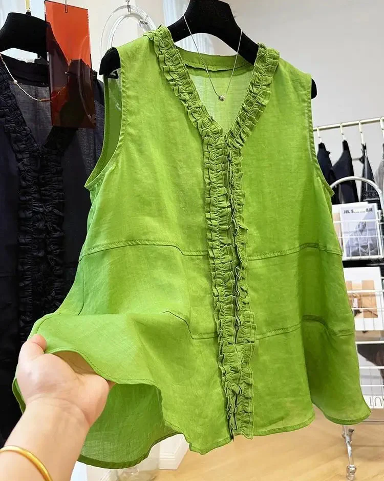 Image of Ruffle Trim V-Neck Woven Blouse