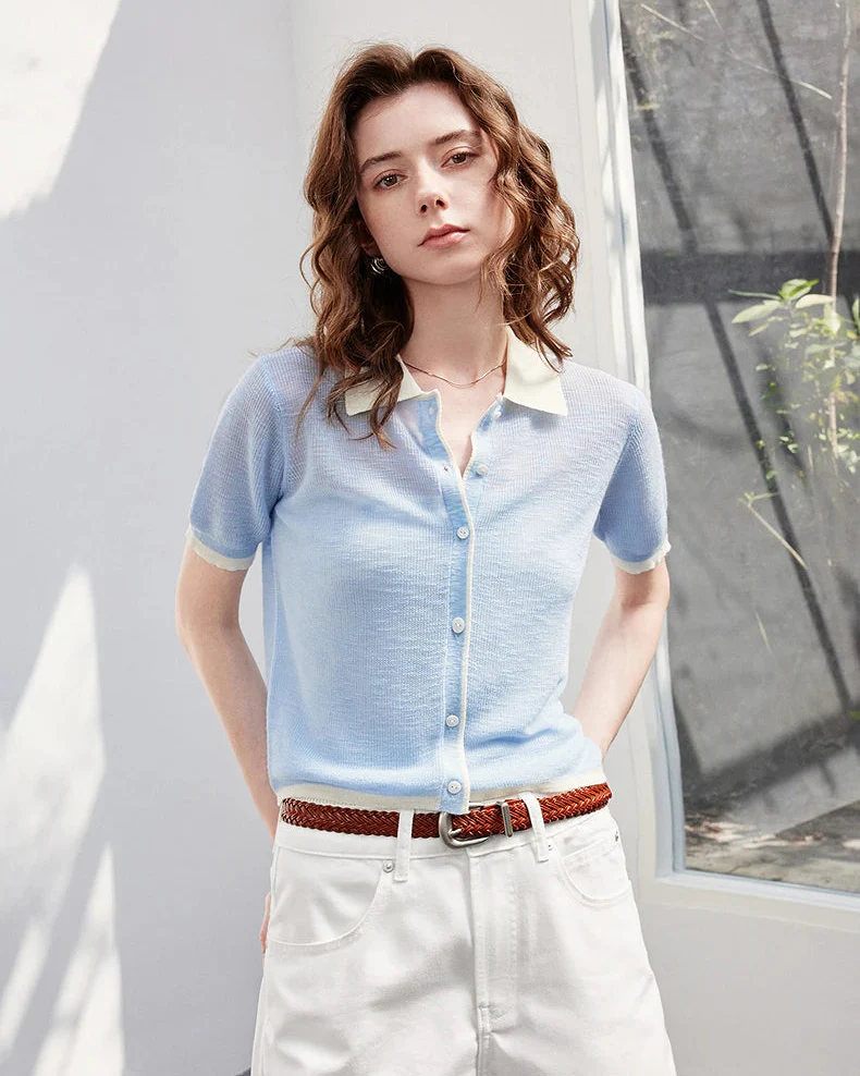 Image of Sheer Slub Knit Polo Top