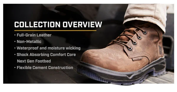 Waterproof, non-metallic, full-grain leather, shock-absorbing footbed, and flexible cement construction.