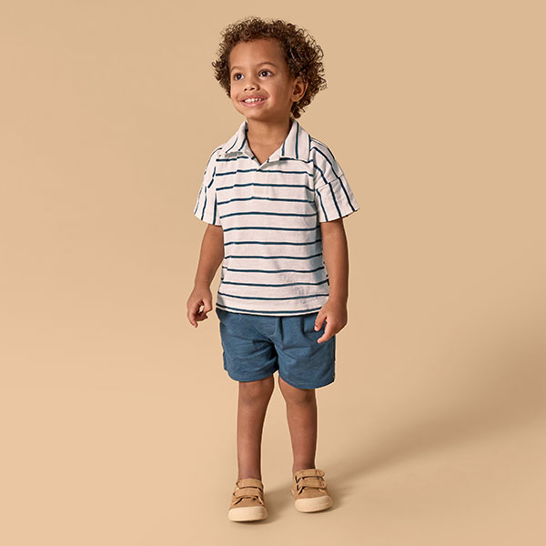 2-Piece Toddler Boys Ivory Stripe Johnny Collar Shirt and Shorts Set
