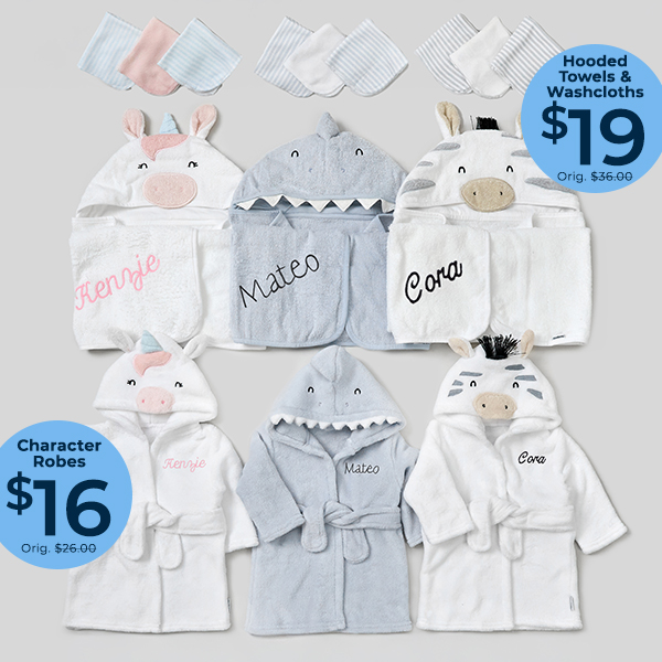 Hooded Towels & Washcloths Sets now $19 (Orig. $36). Character Robes $16 (Orig. $26).