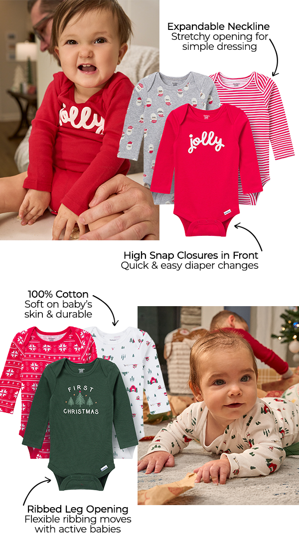 Onesies Bodysuits feature expandable neckline, hide snap closures, and they are 100% cotton.