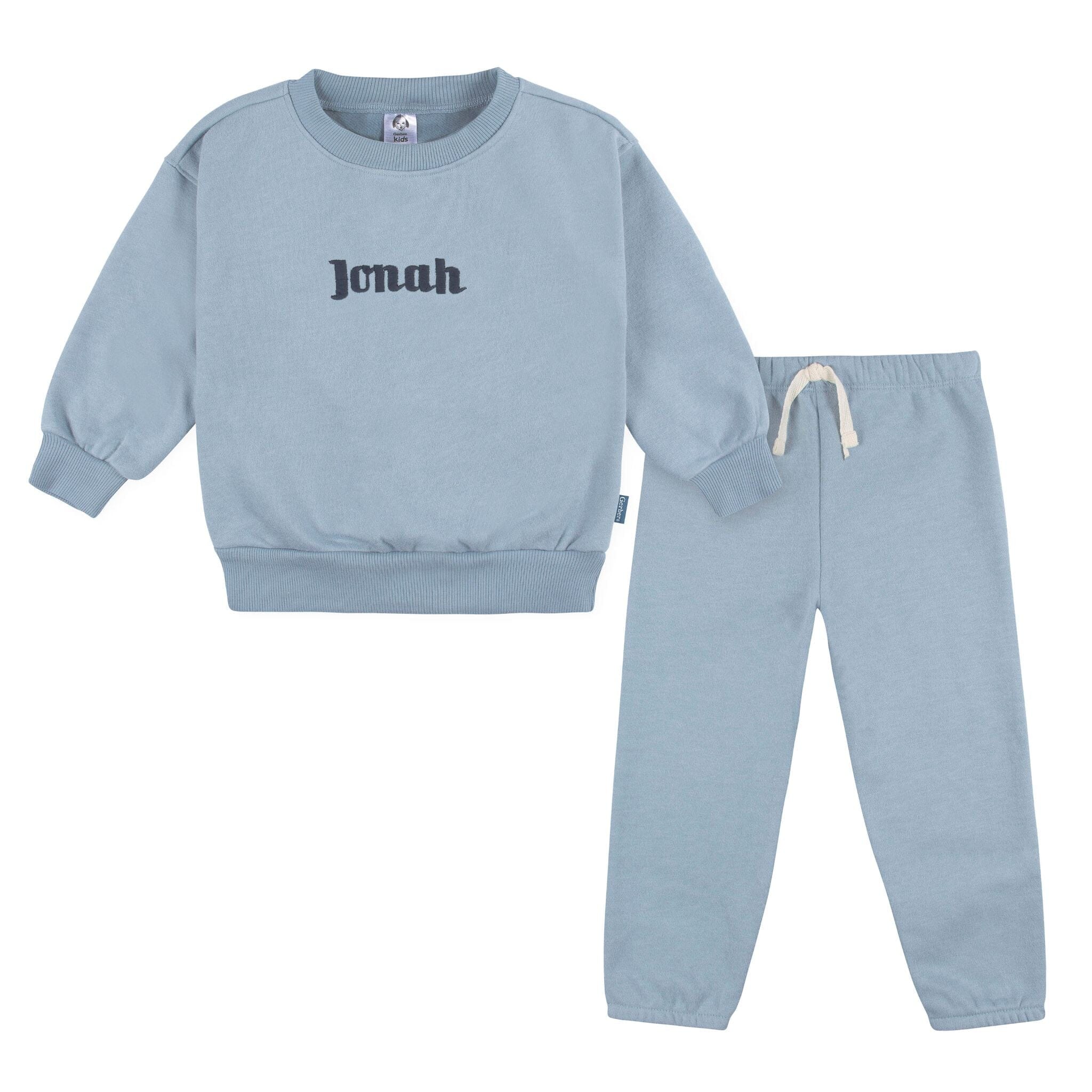 Embroidered 2-Piece Infant & Toddler Neutral Blue Sweatshirt & Pant Set