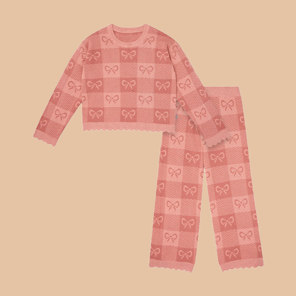 2-Piece Girls Pink Bows Check Sweater Top and Pant Set