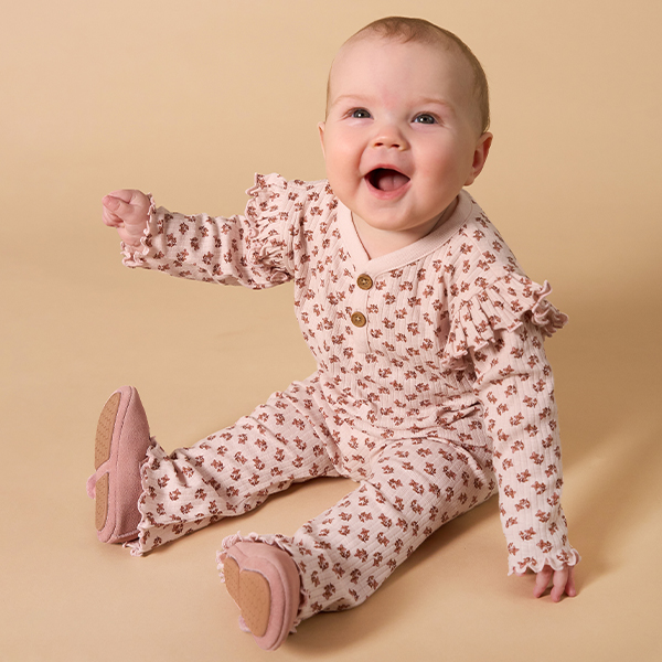 4-Piece Baby Girls Pink Petite Ditsy Henley Ruffle Tops and Pants Set