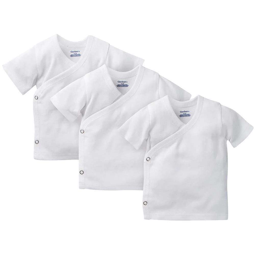 3-Pack White Side-Snap Short Sleeve Shirts, Newborn