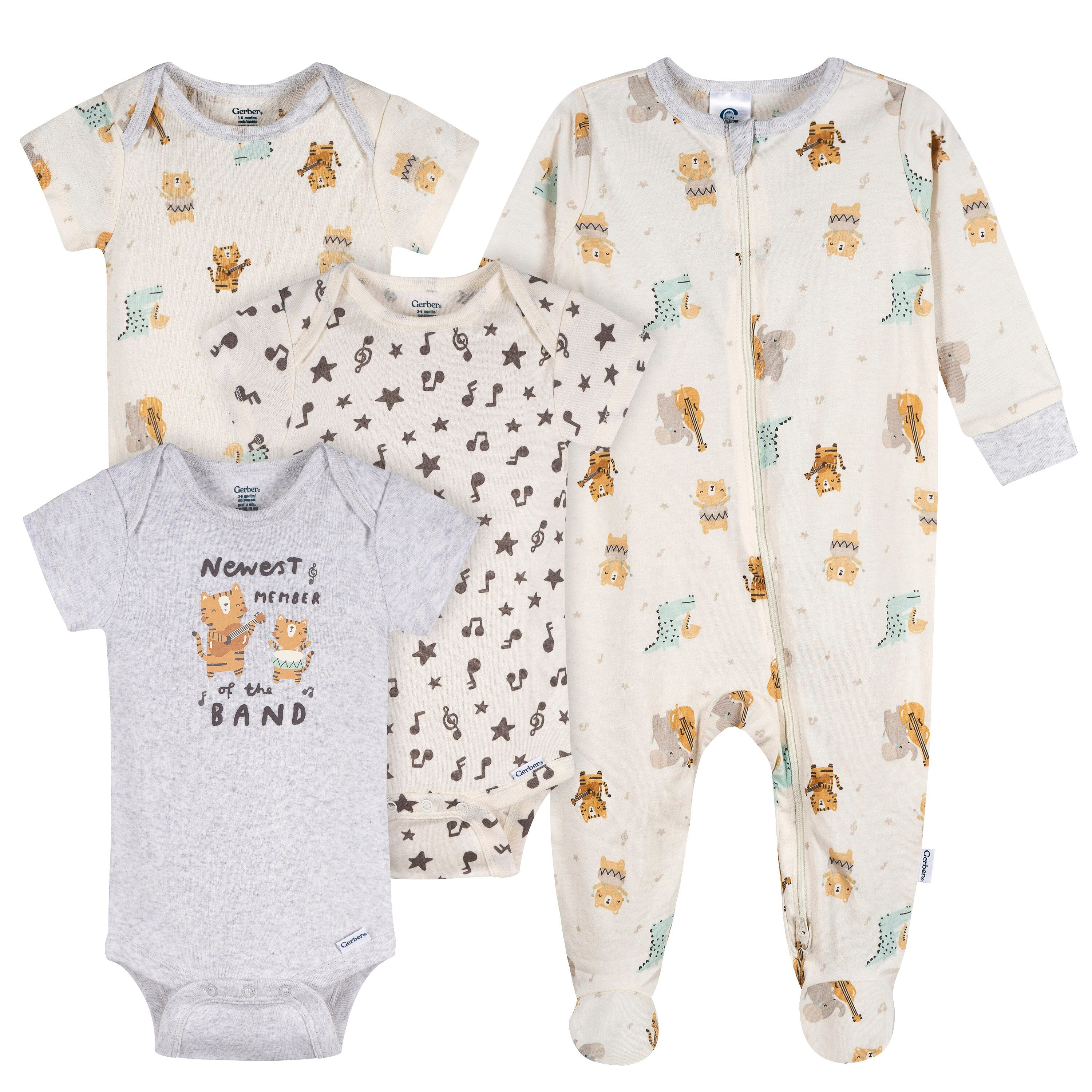 4-Piece Baby Neutral Musical Animals Onesies® Bodysuits and Sleep 'N Play