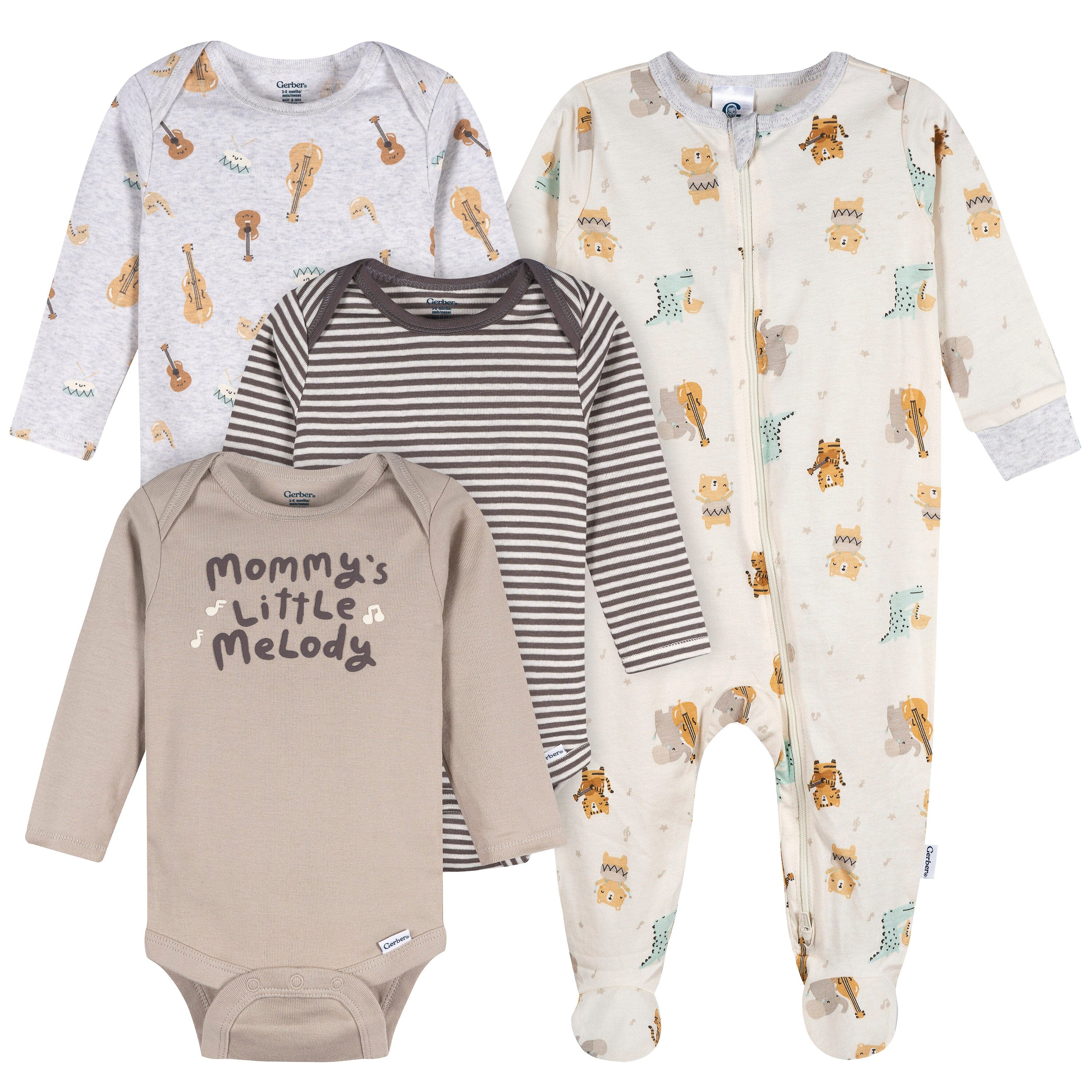 4-Piece Baby Neutral Musical Animals Long Sleeve Onesies® Bodysuits and Sleep 'N Play