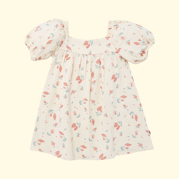 Infant & Toddler Girls Beige Tossed Lavender Puff Sleeve Dress