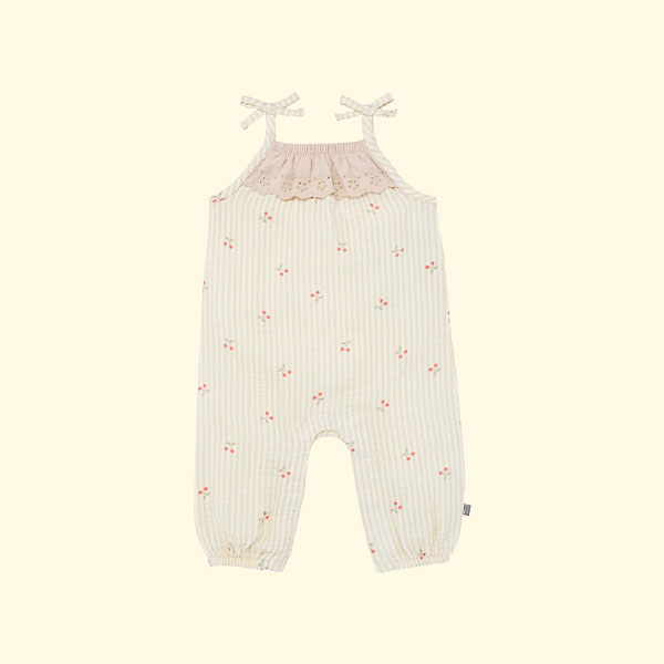 Baby Girls Beige Cherry Stripe Sleeveless Ruffle Romper