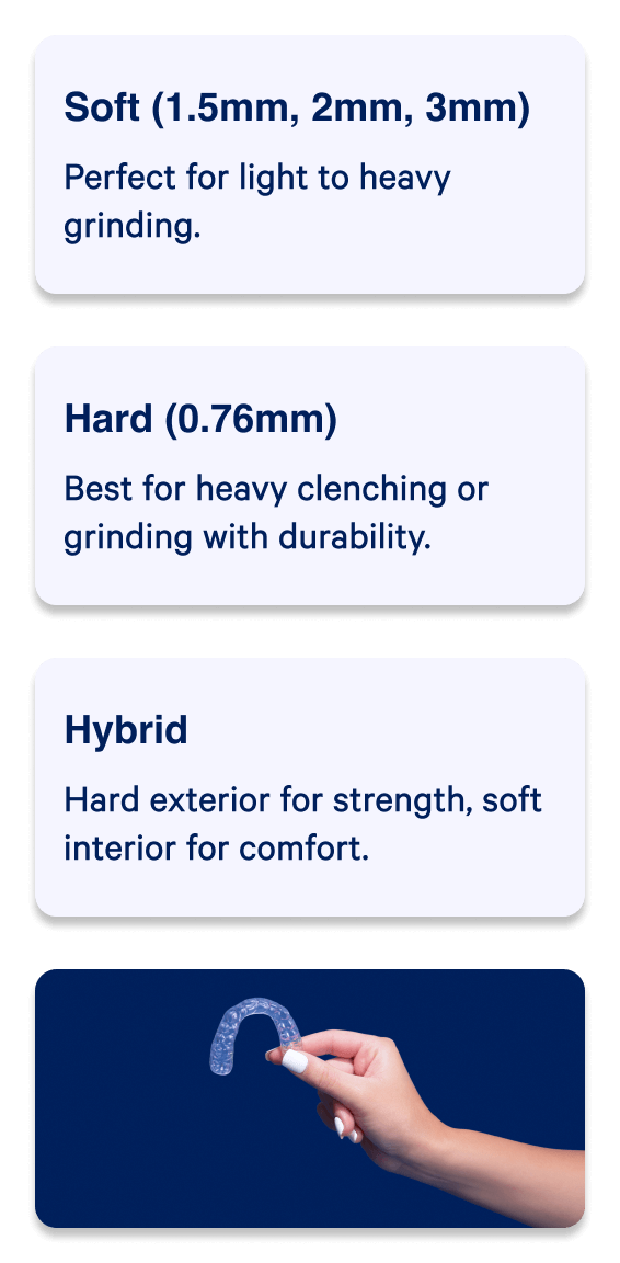 Soft (1.5mm, 2mm, 3mm) | Hard (0.76mm) | Hybrida