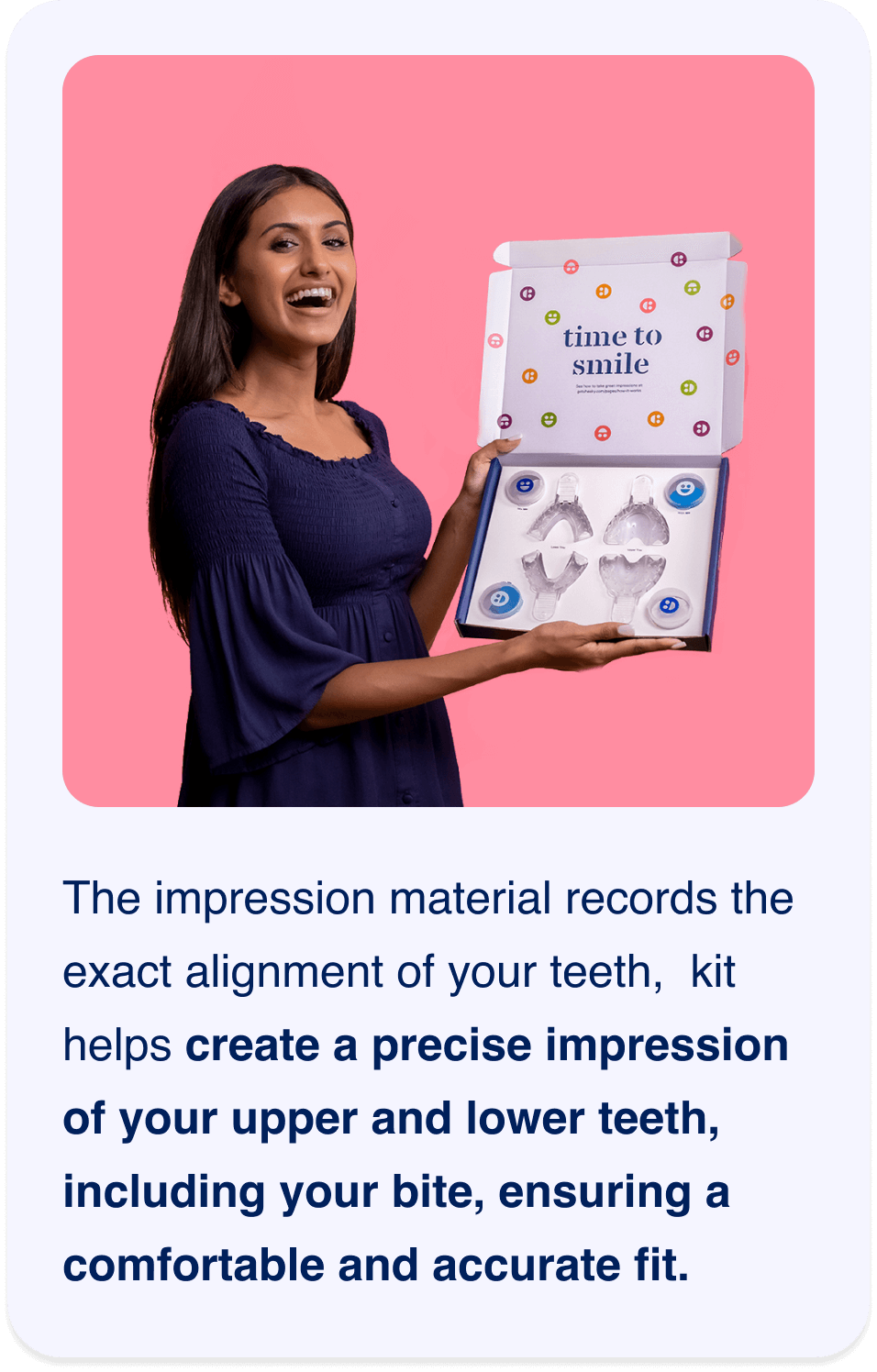 The impression material records the exact alignment of your teeth, kit helps create a precise impression of your upper and lower teeth, including your bite, ensuring a comfortable and accurate fit.