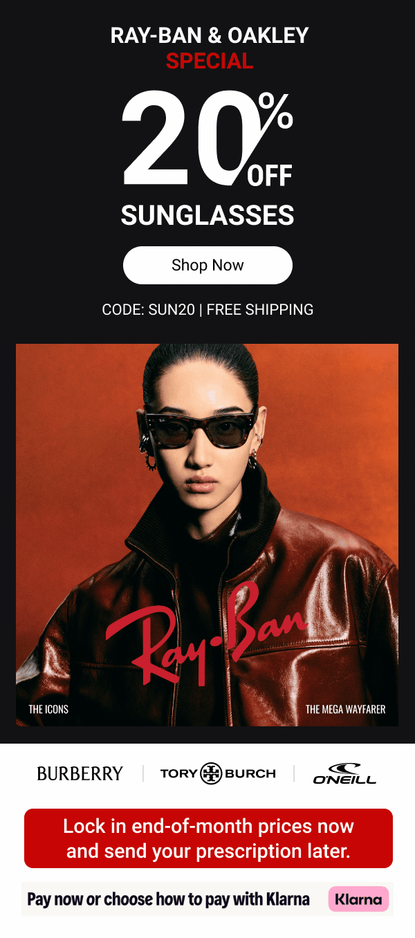 Ray-Ban & Oakley special 20% off sunglasses | Code: SUN20