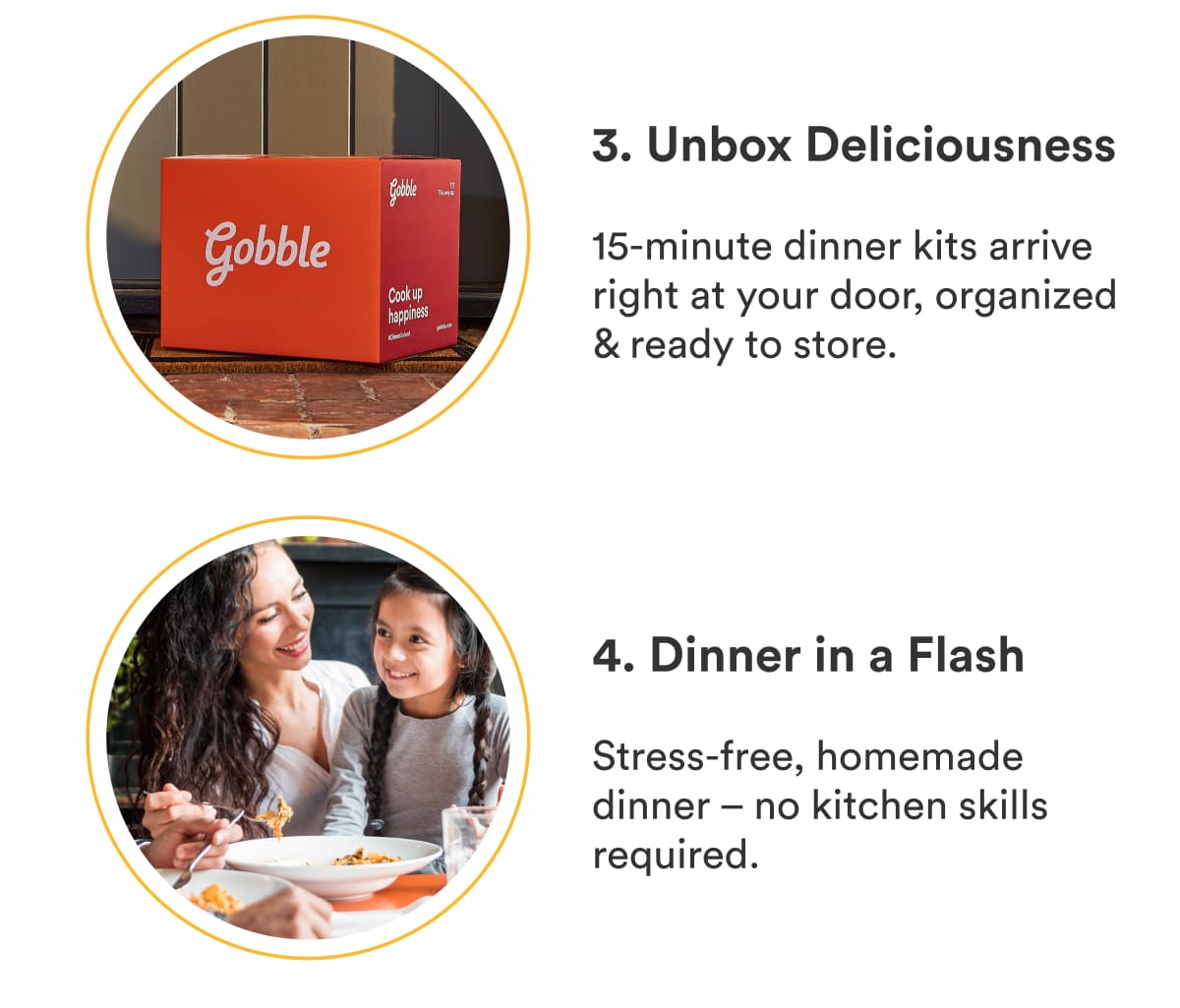 Receive your dinners right at your door, and get stress-free, homemade dinners on the table in minutes!