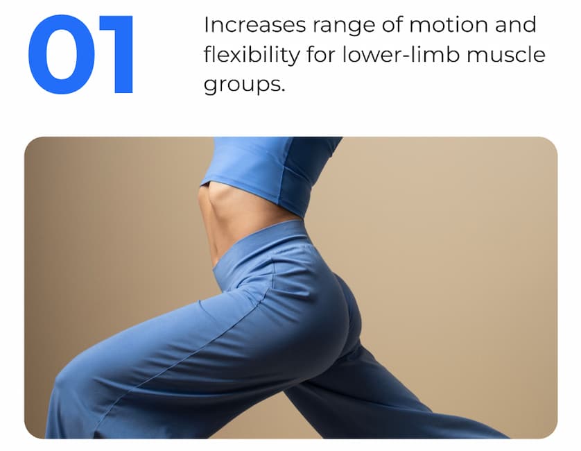 01 | Increases range of motion and flexibilty for lower-limb muscle groups.