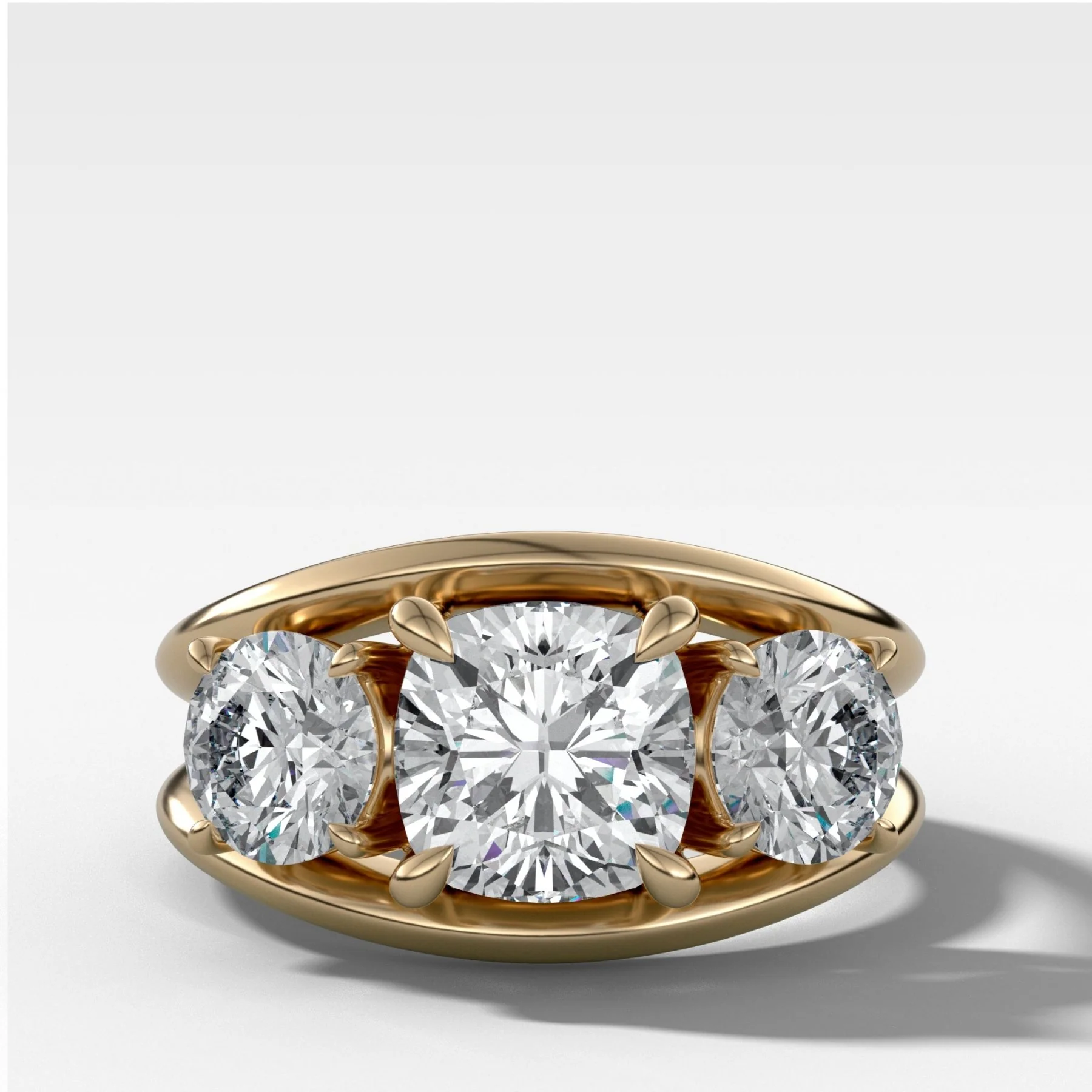 Image of Split Channel Three Stone Engagement Ring With Square Cushion Cut Diamond