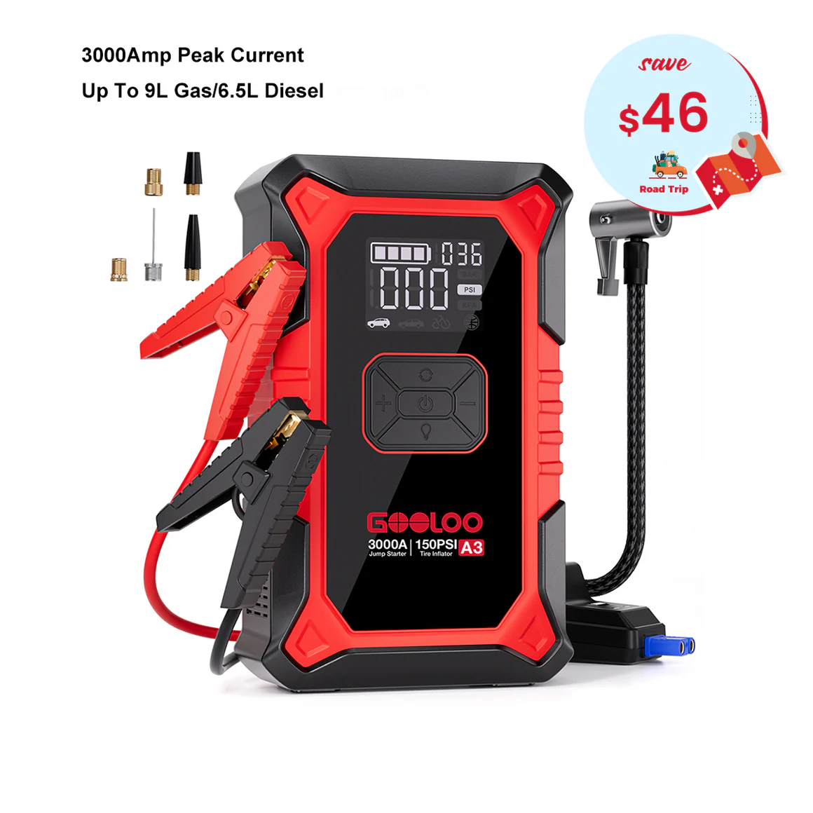 GOOLOO A3 Jump Starter with Air Compressor 3000Amp