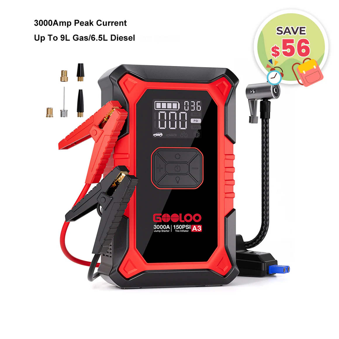 GOOLOO A3 Jump Starter with Air Compressor 3000Amp