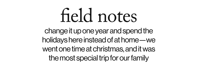 field notes -change it up one year and spend the holidays here instead of at home—we went one time at christmas, and it was the most special trip for our family