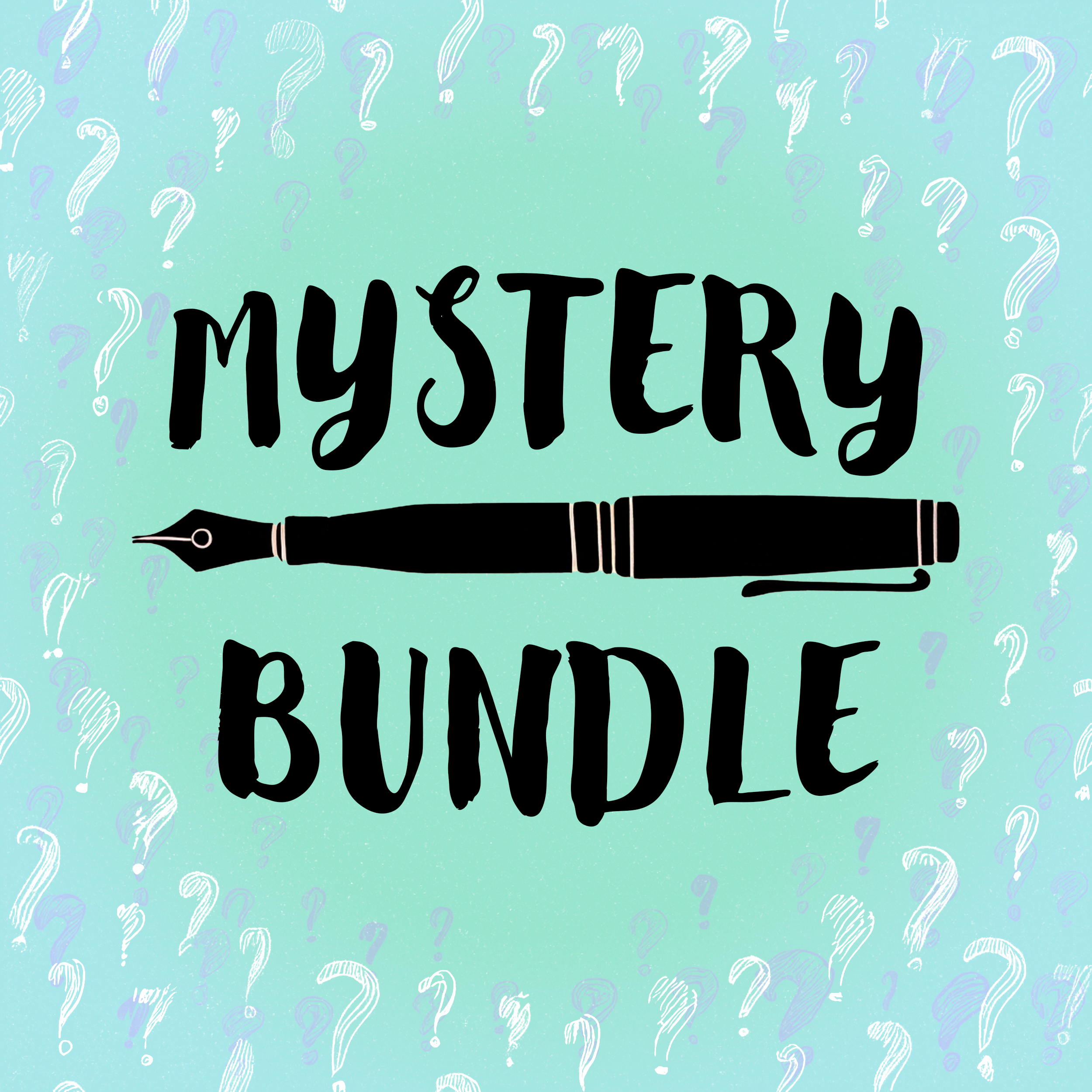 Mystery Bundle #004; teal graphic with white and purple question marks