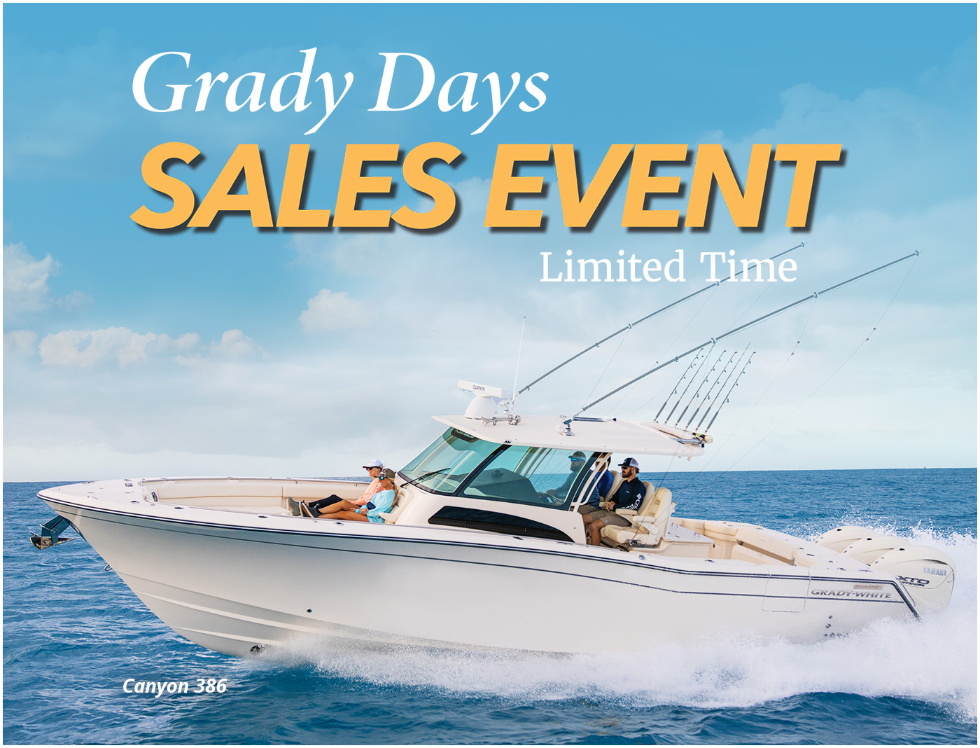 Canyon 386 center console boat running port side - text in image reads Grady Days Sales Event, Limited Time Only