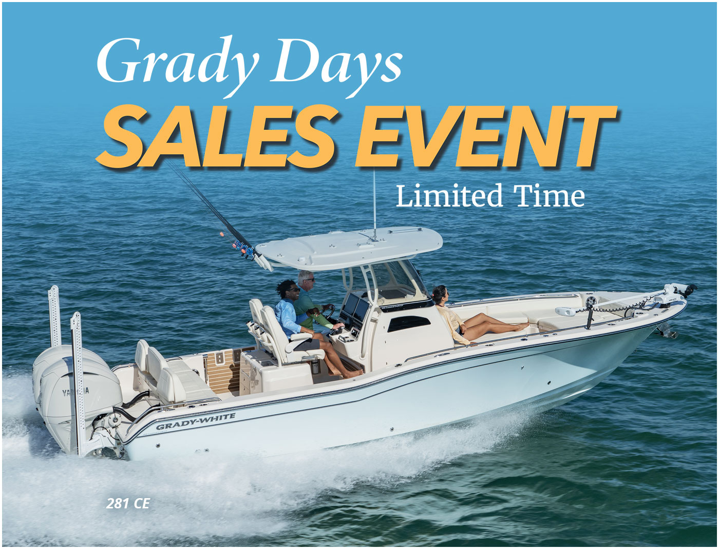 281 Coastal Explorer boat running starboard side - text in image reads Grady Days Sales Event, Limited Time Only