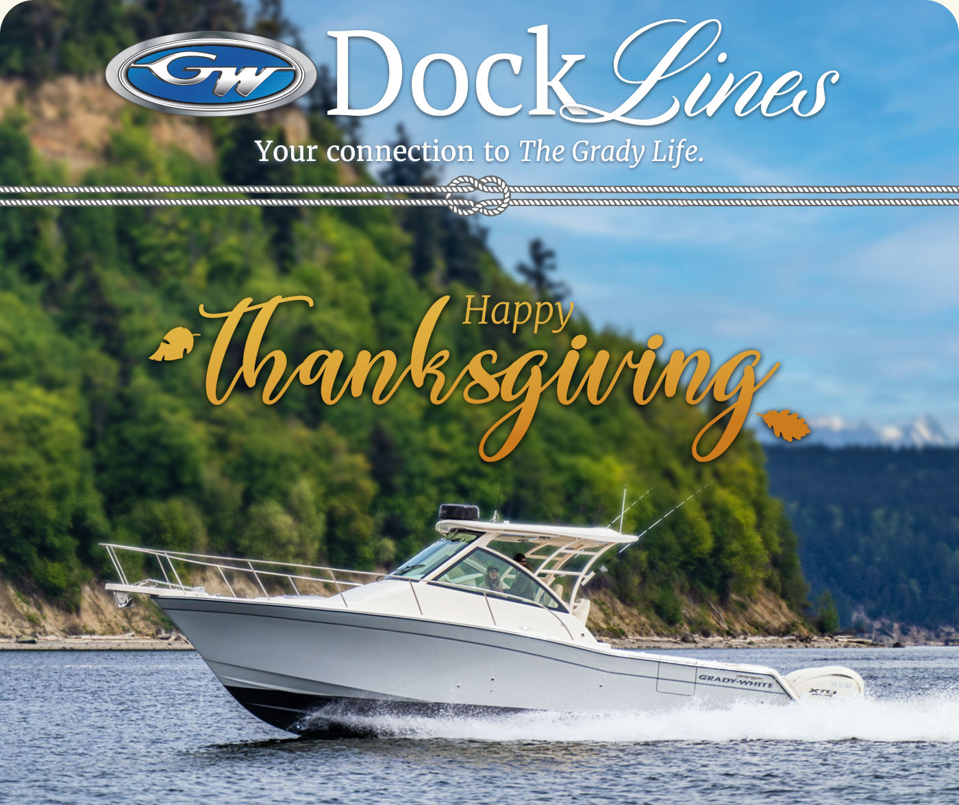 Grady-White Express 330 express cabin boat running near the coast in the Pacific Northwest - text in image reads Happy Thanksgiving