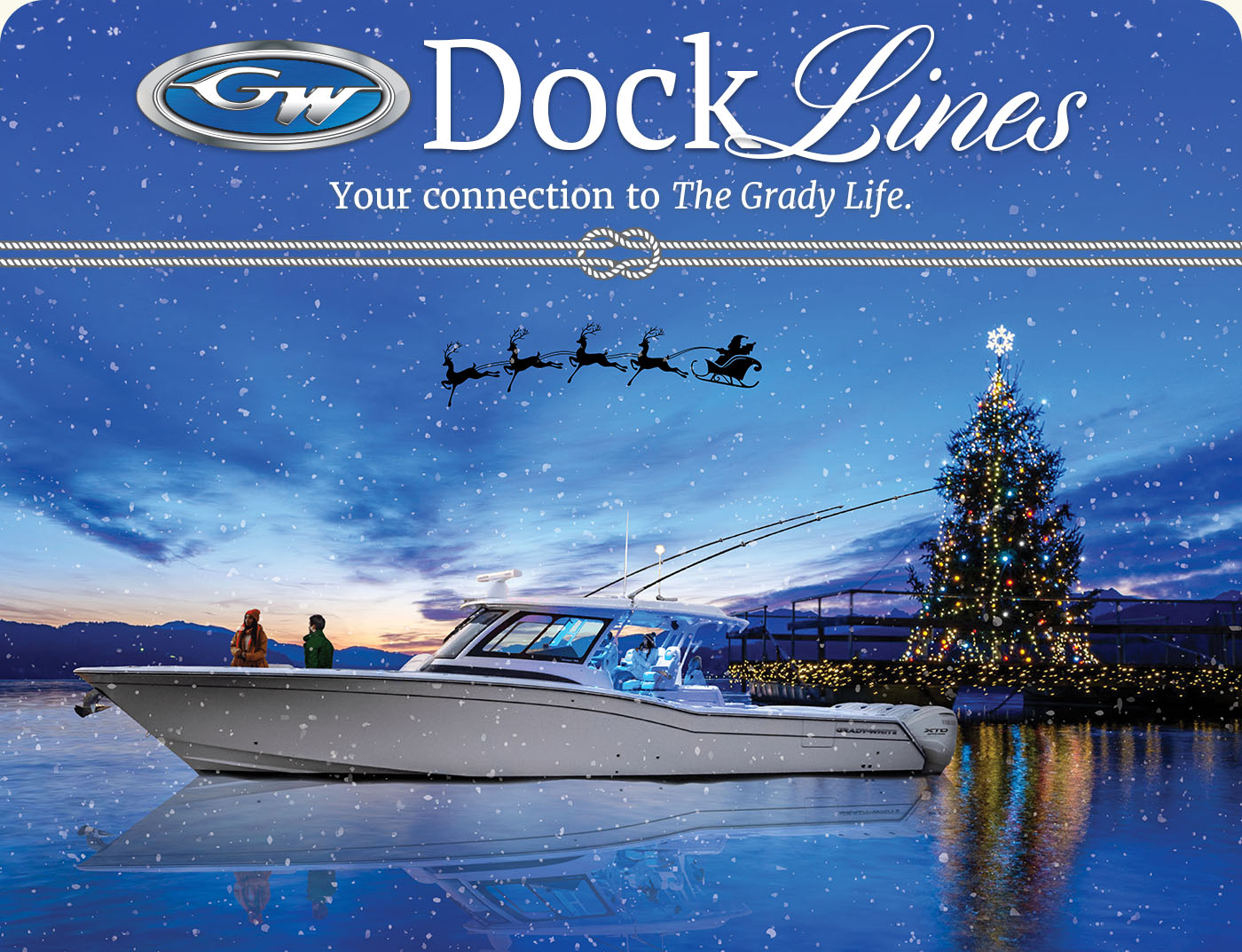 Photo illustration of a snowy night scene with a Grady-White Canyon 456 near a dock decorated with a large Christmas tree and lights while Santa and his reindeer fly by in the sky