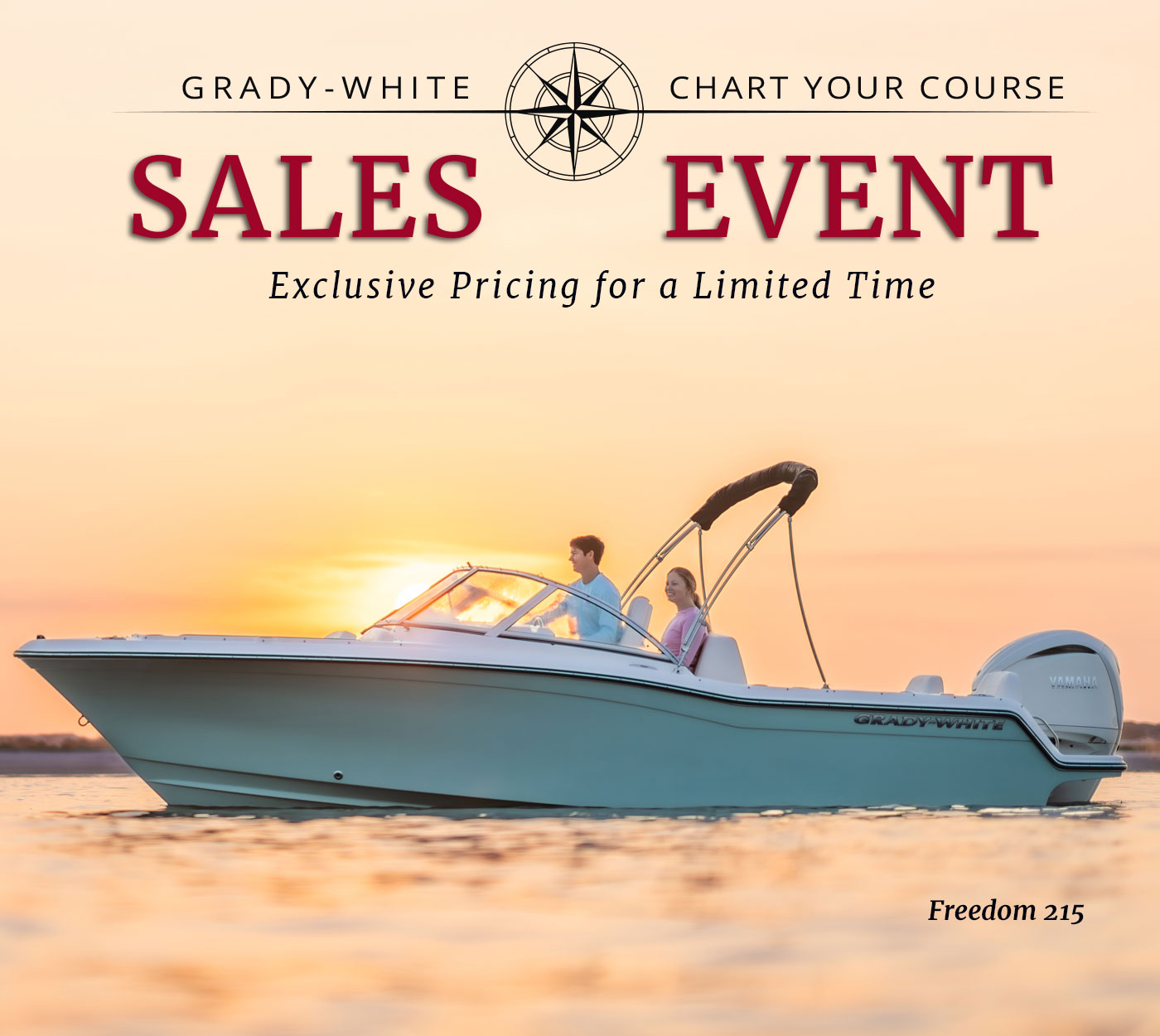 Grady-White Freedom 215 dual console boat - text in image reads Grady-White Chart Your Course Sales Event, Exclusive Pricing for a Limited Time