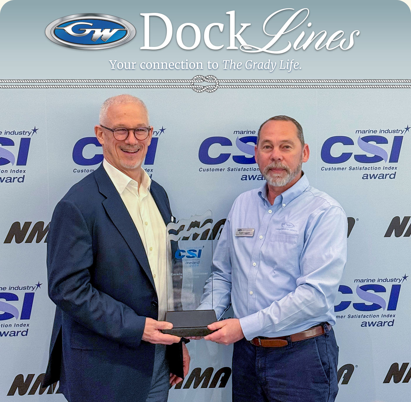 Todd Leggett, Grady-White Boats Dealer/Customer Relations Manager, accepting Grady-White’s 23rd consecutive NMMA Customer Satisfaction Index Award from NMMA President, Frank Hugelmeyer
