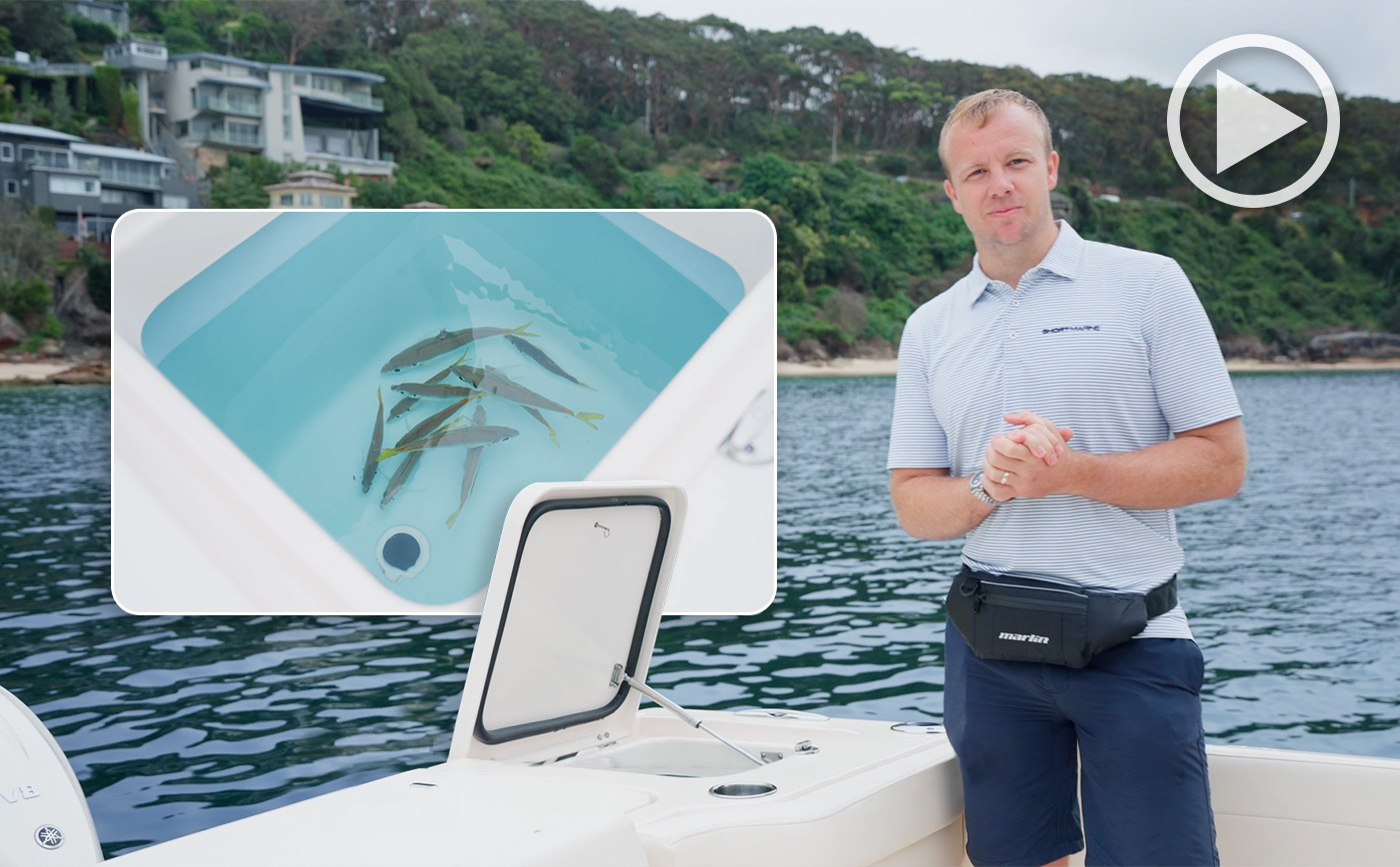 Man standing at the transom of a Grady-White boat with an inset photo of an opened livewell