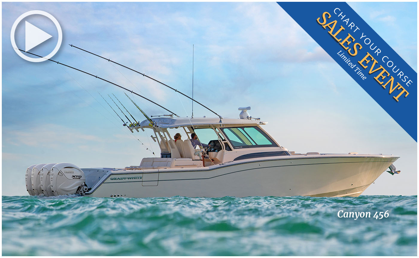 Canyon 456 center console boat port side - text in image reads Chart Your Course Sales Event, Limited Time