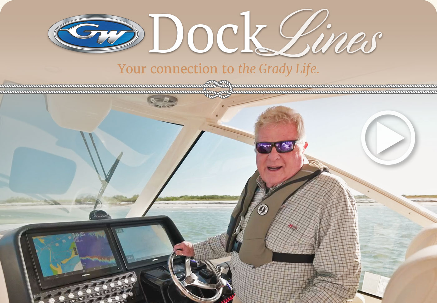 See a review of the Freedom 345 by Randy Vance, two exciting new features, and information on Personal Flotation Devices. Text in image reads DockLines, Your connection to the Grady Life.