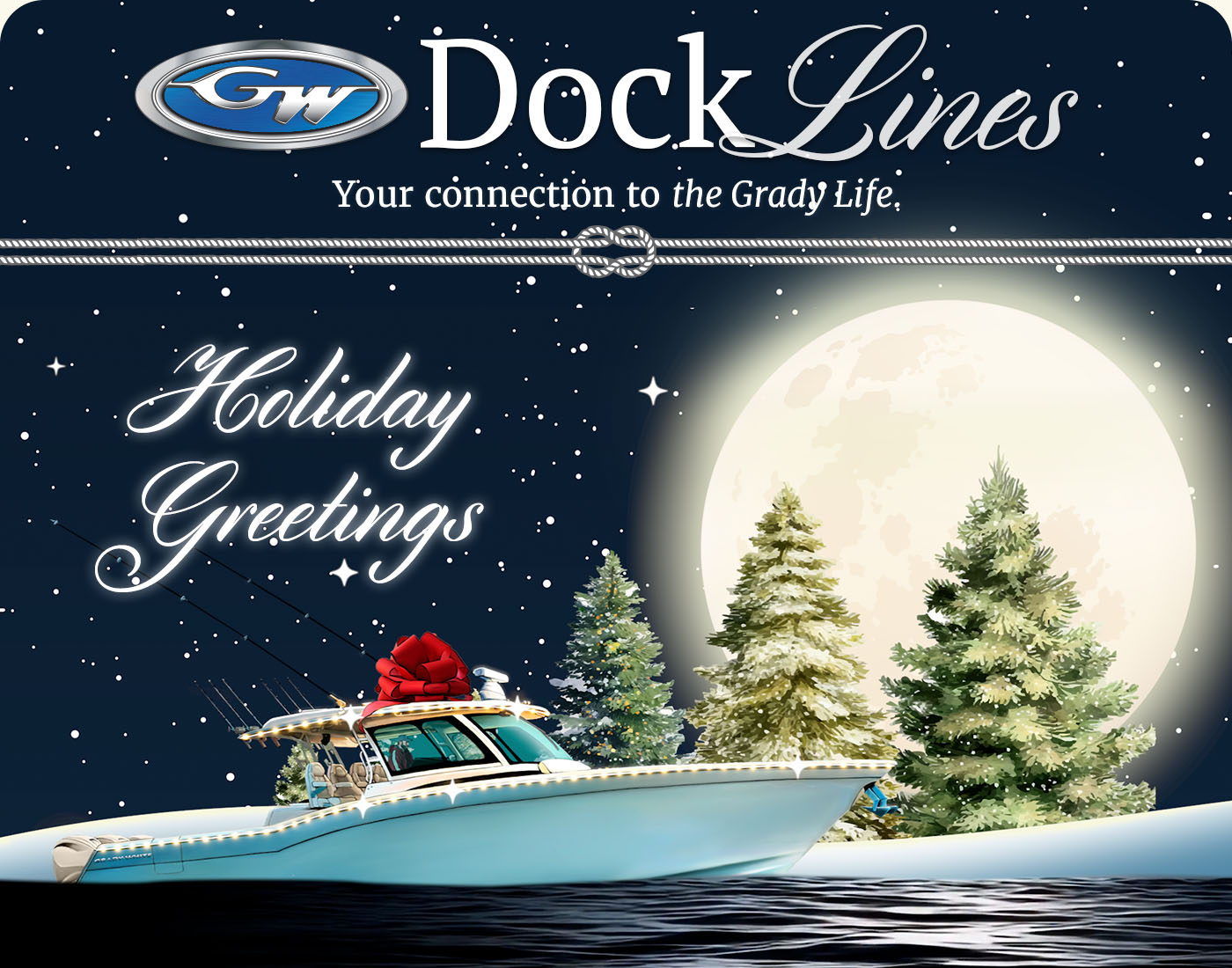 Illustrated winter night scene showing a Grady-White Canyon 456 with Christmas lights and a red bow on the hardtop cruising near a snowy beach
