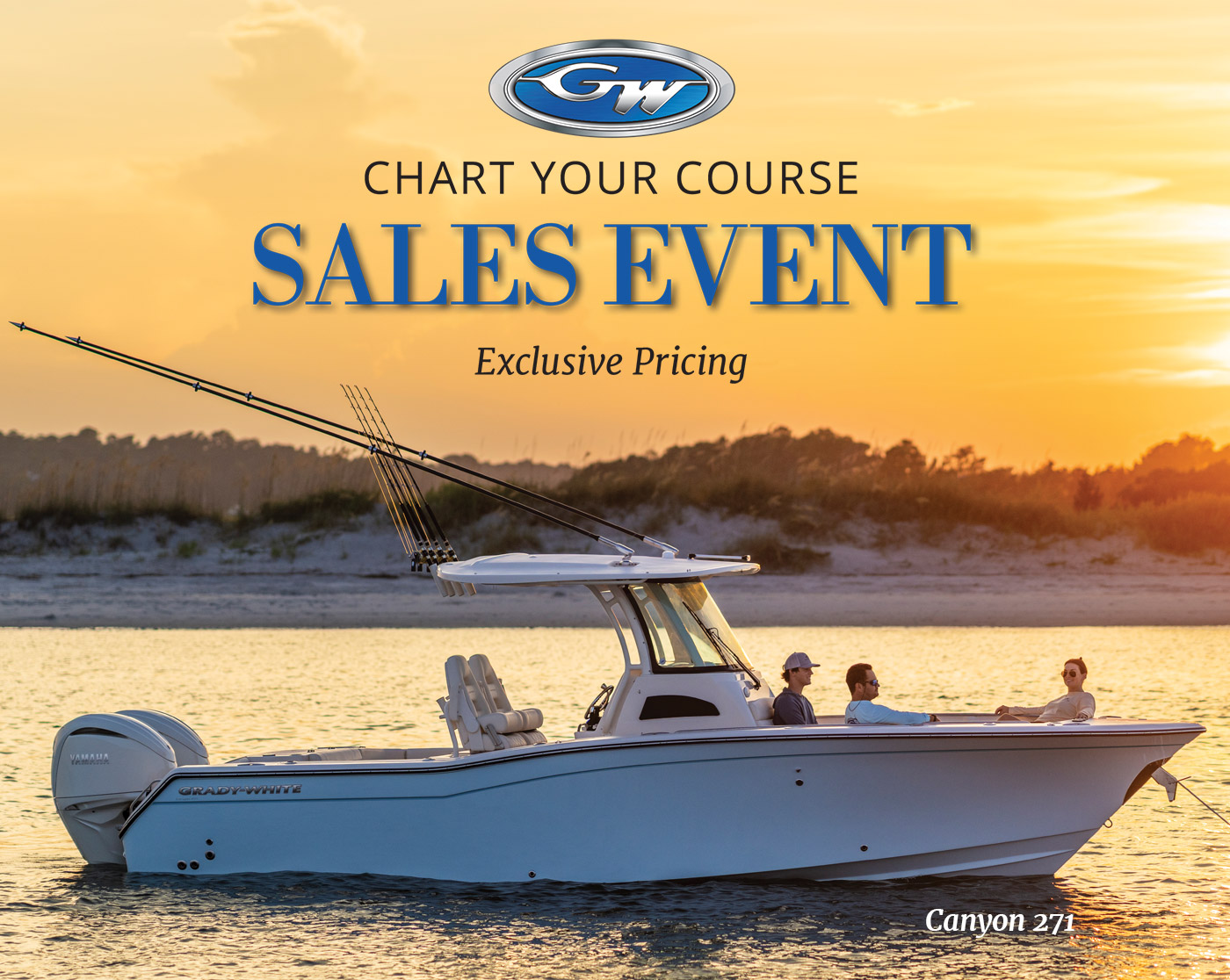 Take advantage of factory savings and dealer incentives. Canyon 271 center console boat anchored at sunset with three people seated in bow, port side facing camera.