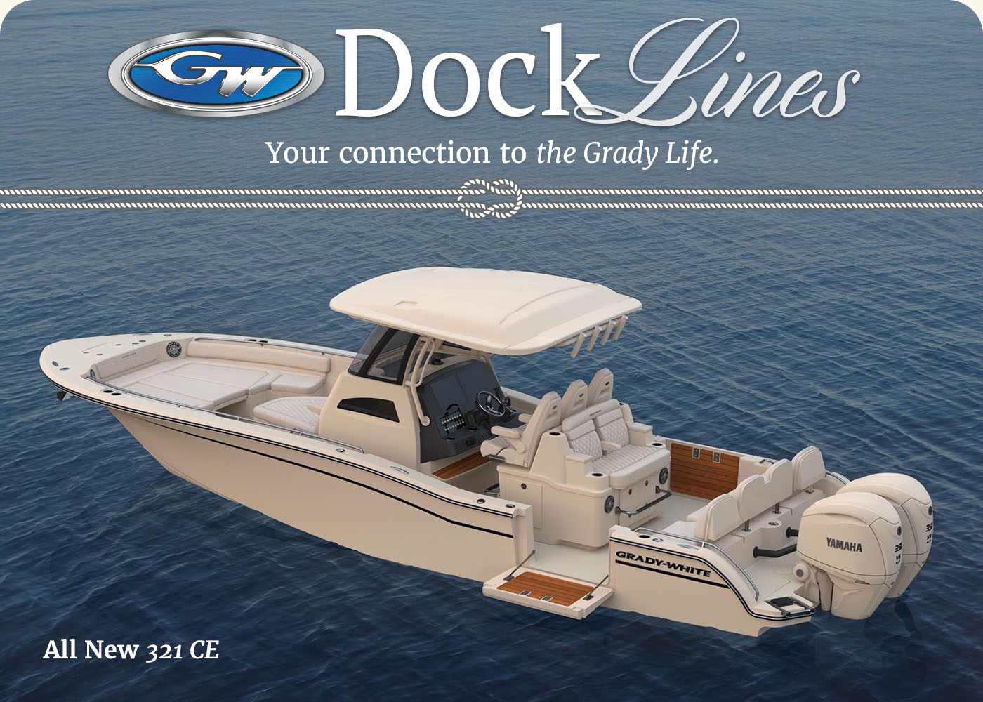 Grady-White 321 CE Coastal Explorer rendered in 3D port side on the water with Sport Deck folding platform lowered. Text in image reads, Docklines - Your connection to the Grady Life.