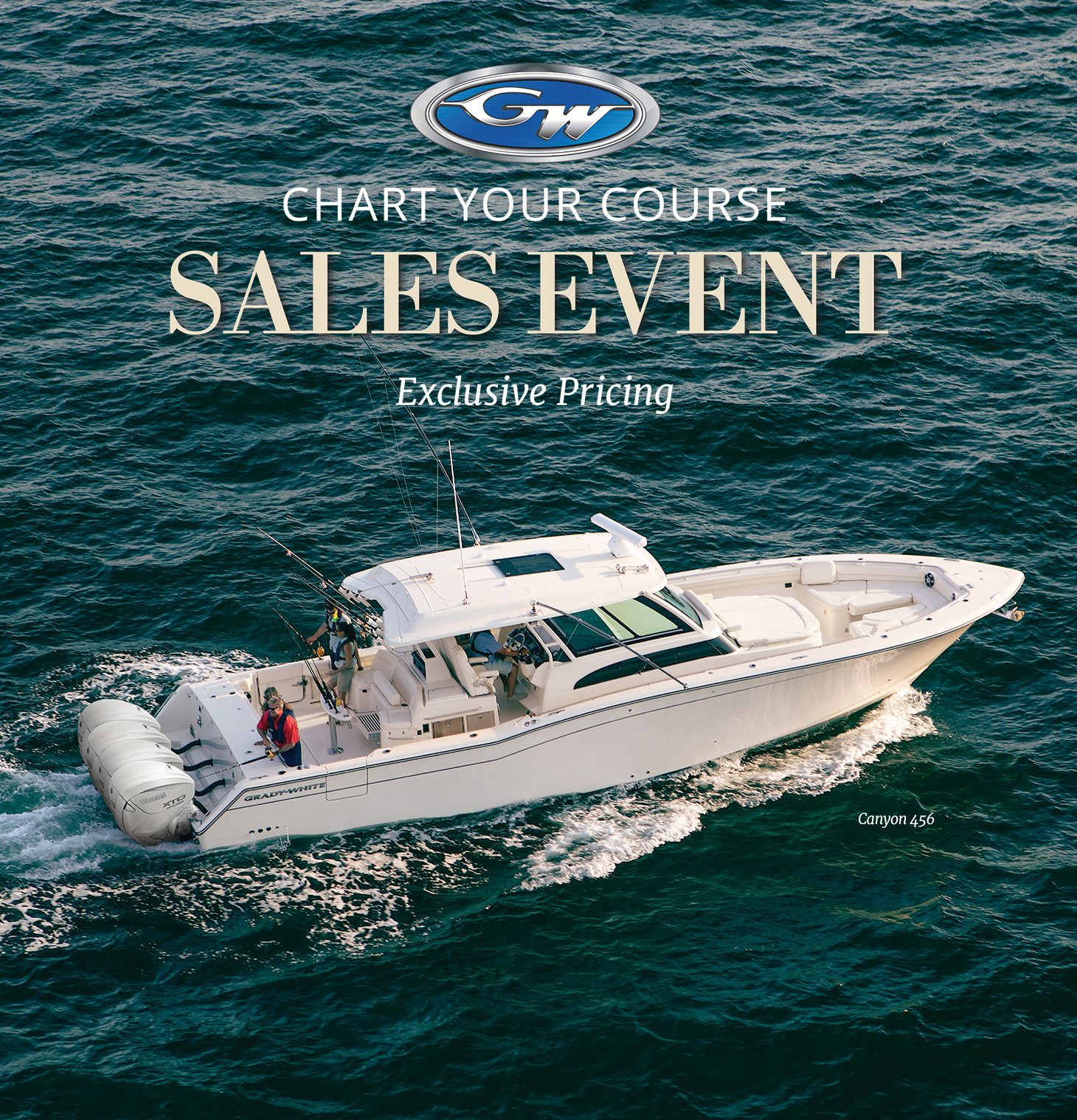 An aerial, wide-angle shot shows a large, white Grady-White sportfishing boat with outriggers and fishing rods cruising through deep blue, choppy water, creating a white wake. Several people are fishing in the cockpit, and one driver is at the helm. 