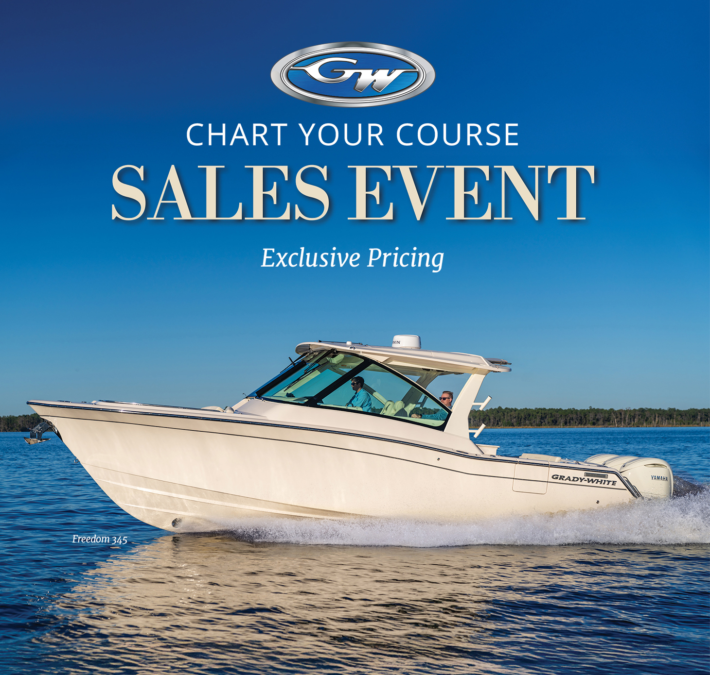 A Grady-White dual console powerboat cruises on calm water with a bright blue sky. The boat is white with a hardtop and a large wrap-around windshield, through which two people are visible. It features twin Yamaha outboard motors at the stern and an anchor at the bow.