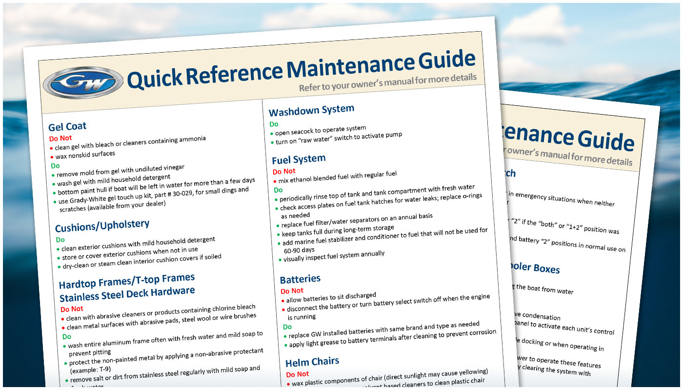 A 'Quick Reference Maintenance Guide' from Grady-White Boats. The document is organized into two columns with several distinct sections. Each section uses a color-coded 'Do and Do Not' format: red text for 'Do Not' (prohibited cleaners or actions) and green text for 'Do' (recommended maintenance steps like using mild detergents, fresh water rinses, and specific protectants).
