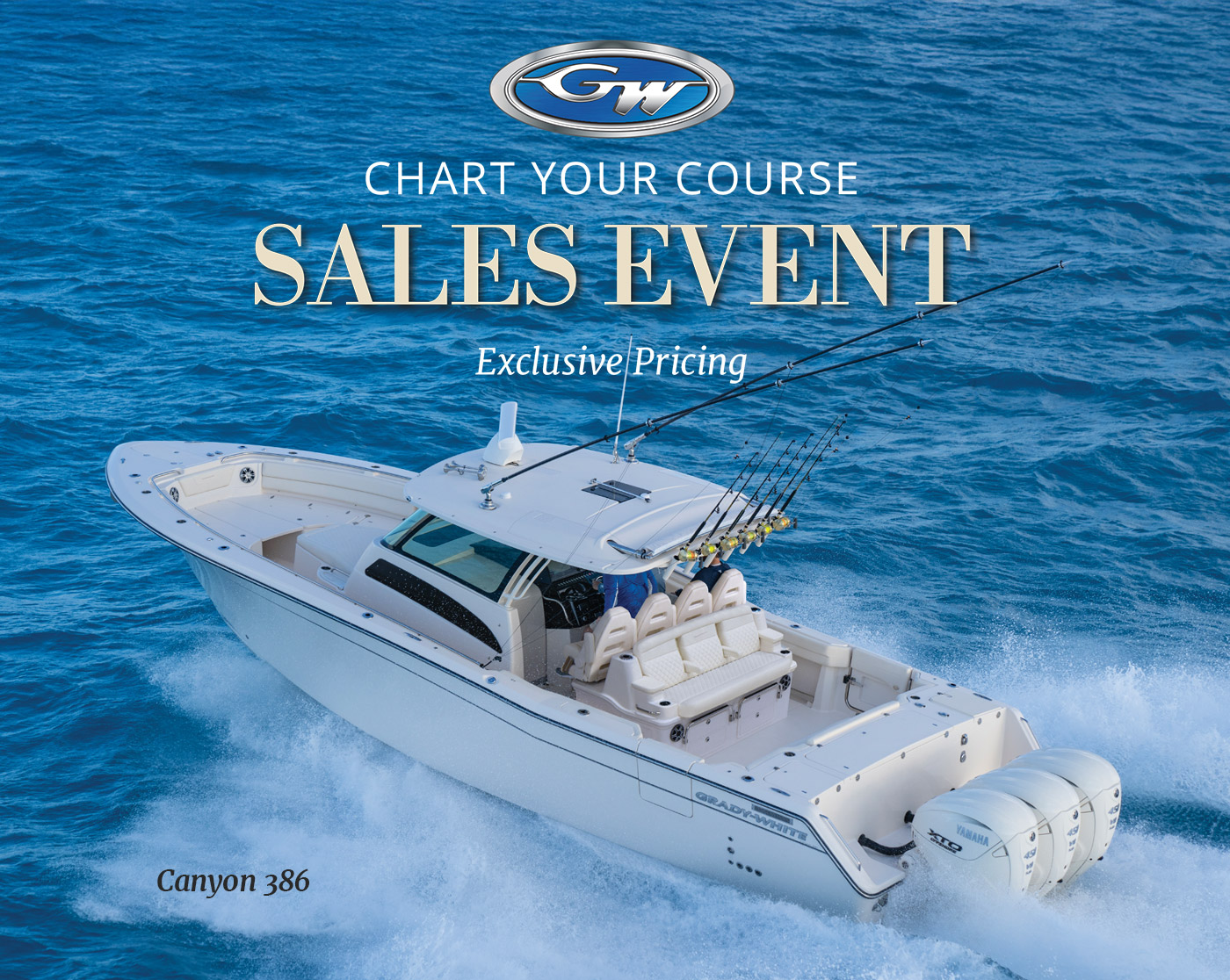 A white Grady-White boat with two people at the helm, outriggers, and fishing rods, powered by Yamaha engines running through bright blue ocean waters with a white wake. 