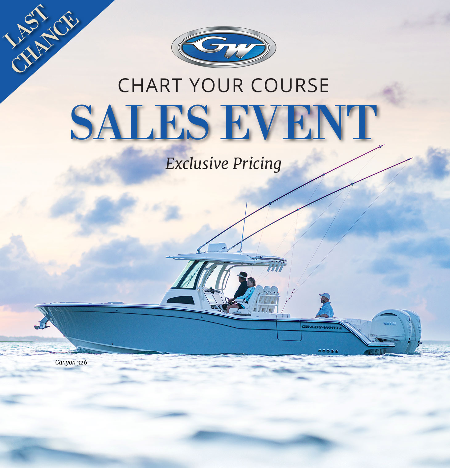 A light blue Grady-White center console boat cruises across calm ocean water under a cloudy, pale blue and pink sky at dusk or dawn. Three people are on board: one at the helm and two seated. The boat is equipped with fishing outriggers and dual outboard motors.