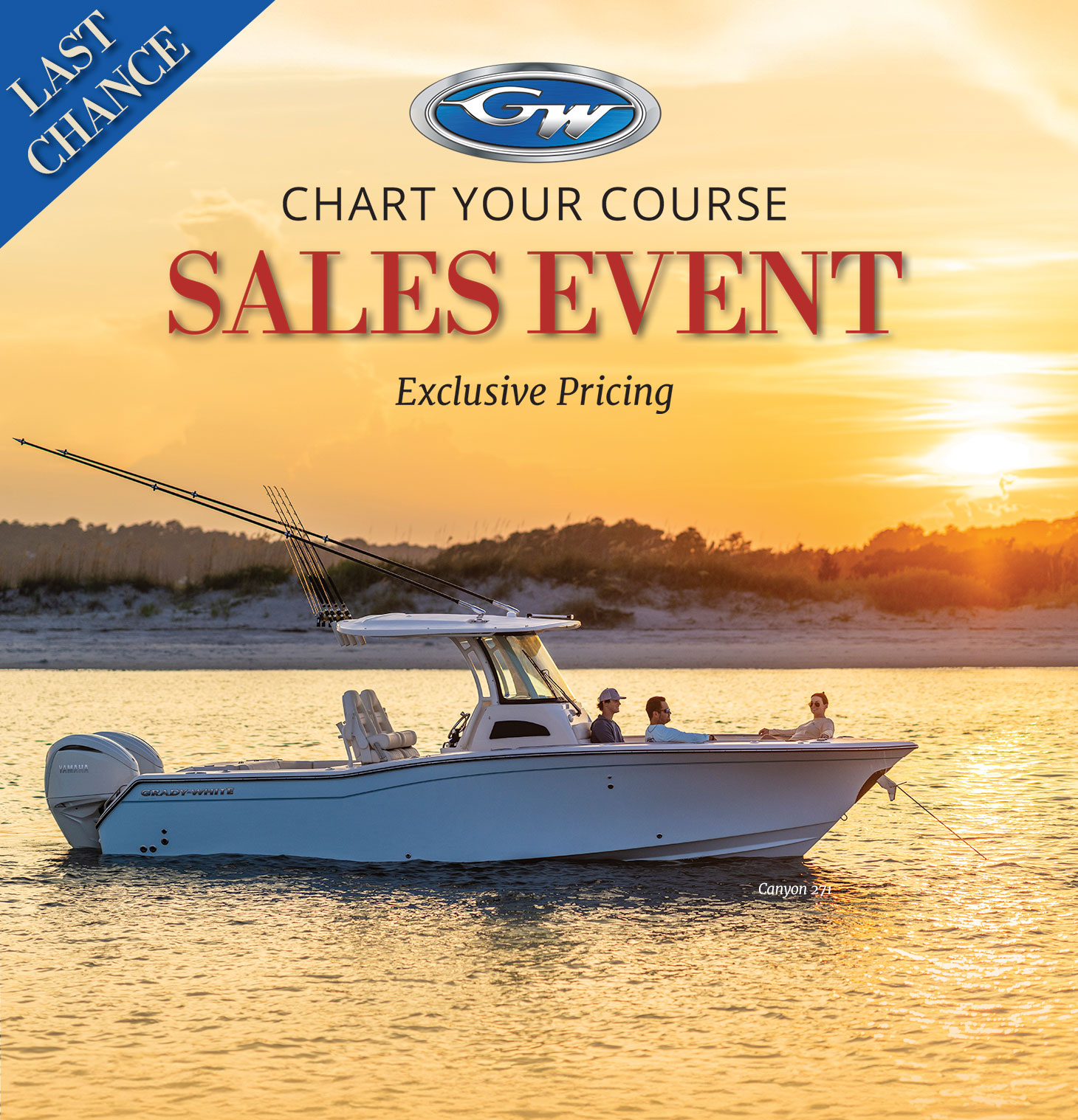 Three people relax in the bow of a blue Grady-White center console with two Yamaha engines. The boat is anchored off the beach as the bright orange sun sets over the dunes and reflects its color into the water.