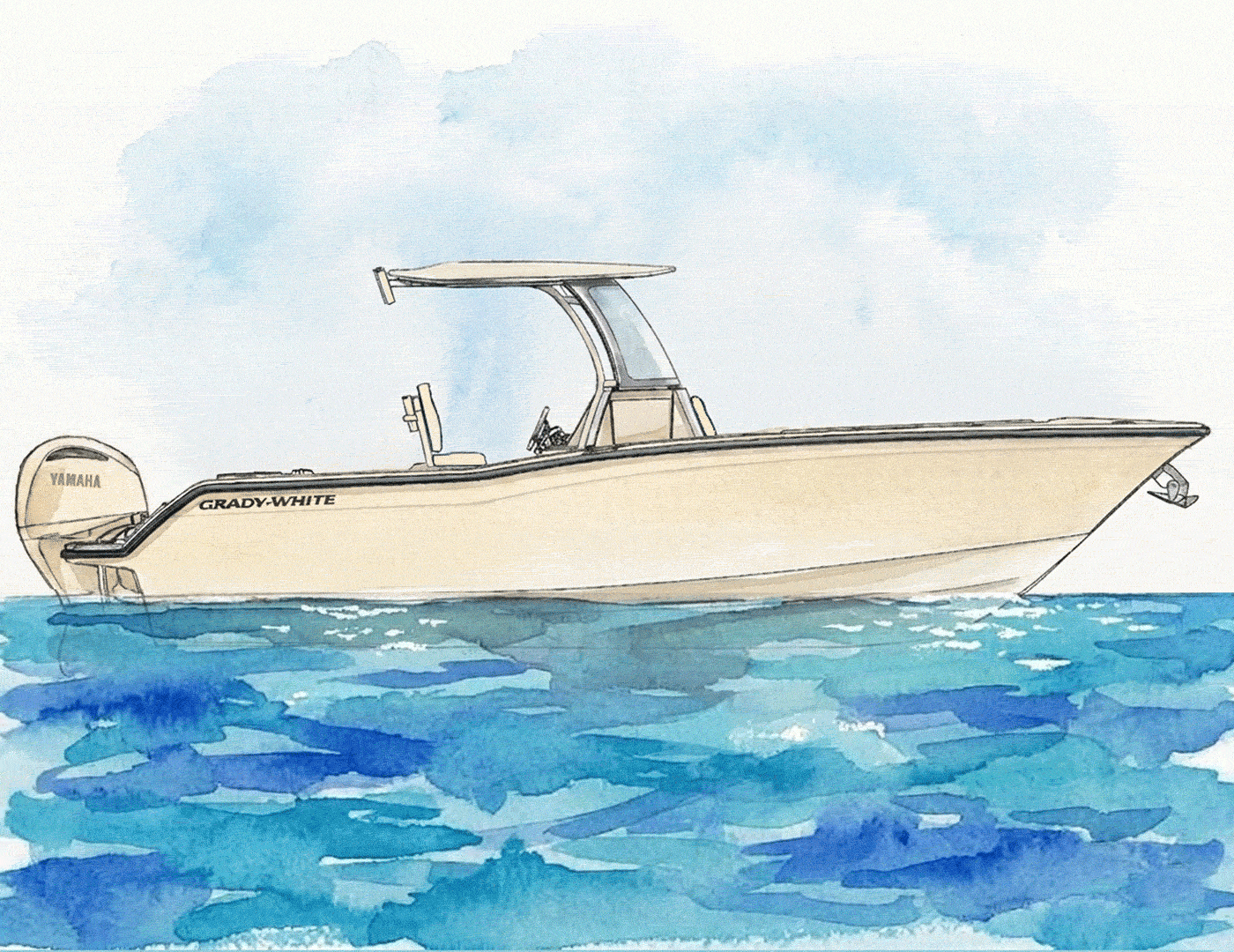 Cream-colored Grady-White center console boat with twin Yamaha outboards cruising on open blue water, featuring a T-top, helm seating, and open bow layout.