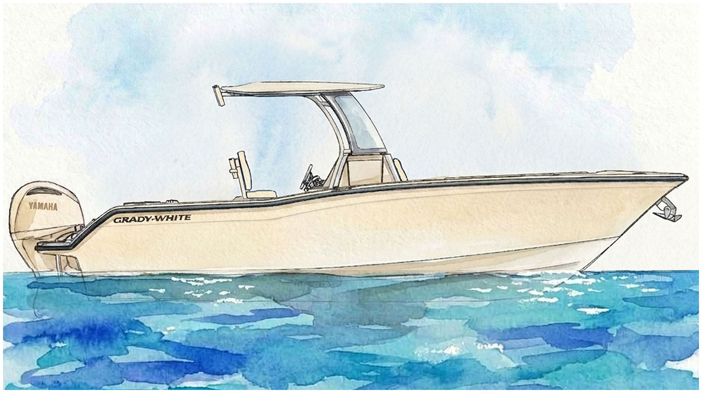 Watercolor painting of the Grady-White Canyon 266 center console boat on calm water against a light blue sky.